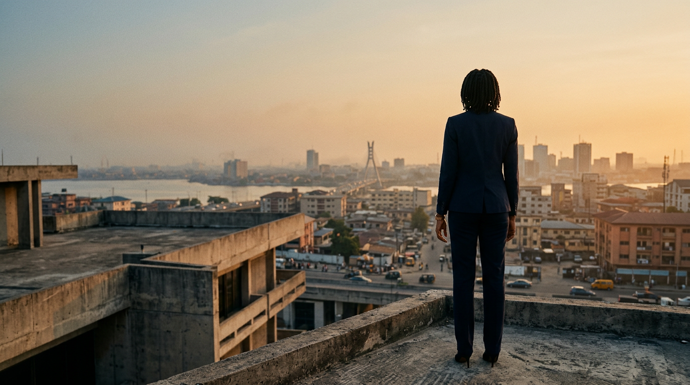 Founder looking over the Lagos skyline at sunrise